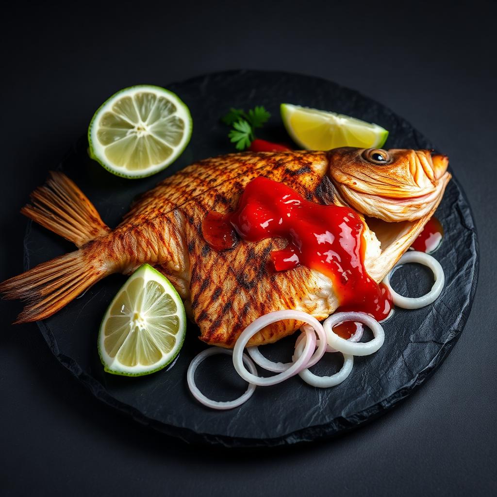 Whole grilled tilapia with pepper sauce